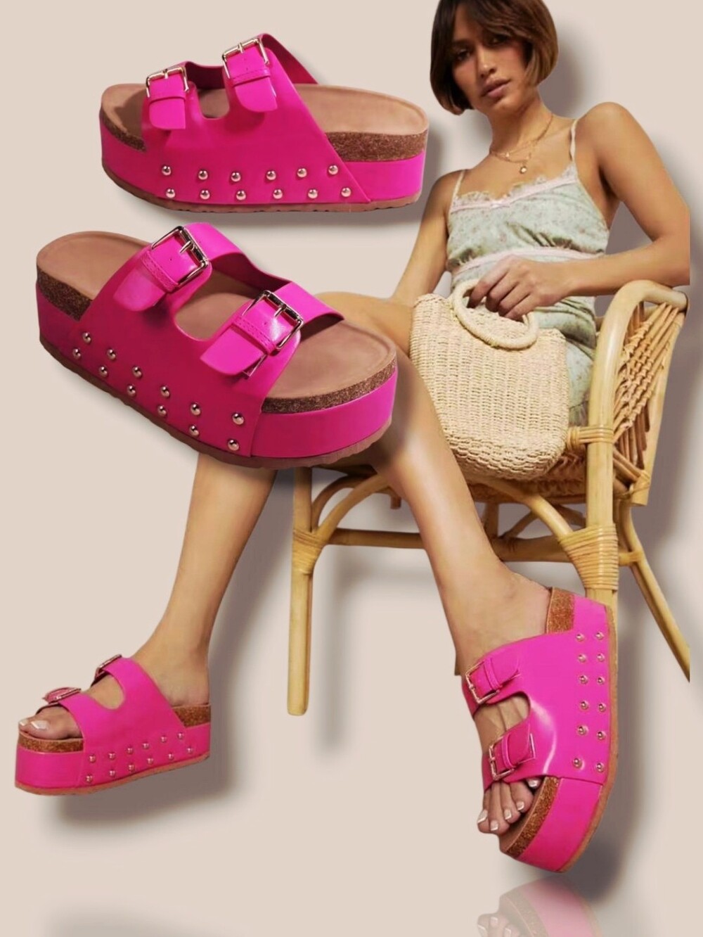 NEW 💖 SHUZIA Women's Hot Pink PU Leather Studded Wedge Platform Sandals